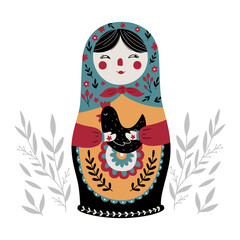 Matryoshka Russian Nesting Doll. Traditional Russian Culture. Folk toy. Babushka doll. Hand drawn vector illustration. 