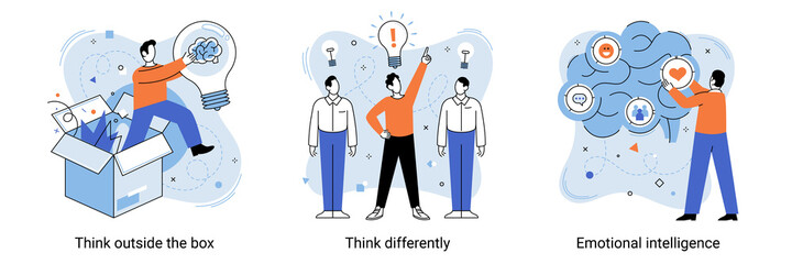 Wall Mural - Motivational creative metaphor with quote think outside the box think differently emotional intelligence. Being different, standing out from crowd. Concept of individuality, uniqueness and creativity