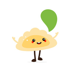 Sticker - Cute and happy cartoon style pierogi, filled dumpling character speaking, talking with blank, empty speech bubble.