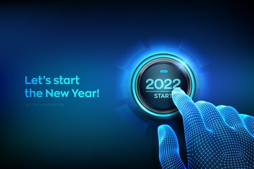 2022 start. Finger about to press a button with the text 2022 start. Happy new year. New Year two thousand and twenty one is coming concept. Vector illustration.