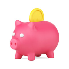 Poster - Pink piggy bank with gold coin 3d icon. Vault for cash and savings