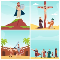 Bible banners set with Moses, Jesus and David, flat vector illustration.