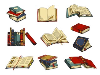 Hand drawn color set of book sketches. Vector illustration of collection of stacks of books for library isolated on white background.