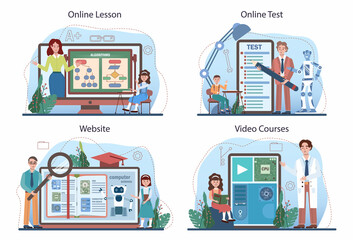 IT education online service or platform set. Students learning