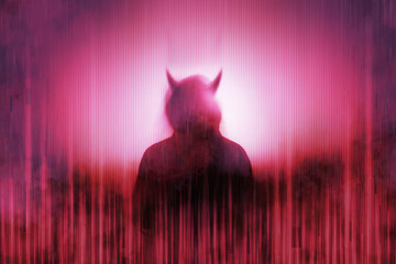 Wall Mural - Silhouette of a mysterious horned devil figure without a face, surrounded by a glitch, red, neon edit.