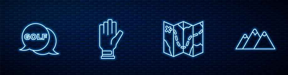 set line golf course layout, label, glove and mountains. glowing neon icon on brick wall. vector