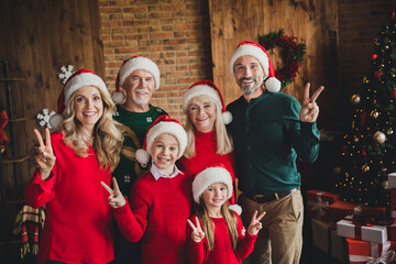 Sticker - Photo of family friends small childhood grandchildren pensioner retired grandparents noel wear santa claus hat v-sign xmas indoors in house