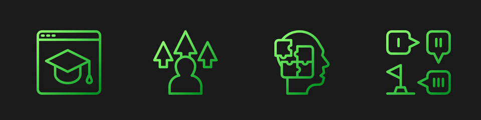 Set line Head puzzles strategy, Online education, Front end development and Planning. Gradient color icons. Vector