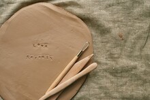 Clay Slab With Wooden Tools For Handmade Craft With Imprint Love Ceramic Copy Space