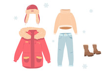 Winter Clothing Set Consisting Of Red Winter Jacket, Clothes For Woman, Pants, Shoes, Hat, Glove, Sweater. Colorful Clothes, Bright Warm Clothing, Clothing Store. Flat Vector. Hand Drawn Illustration