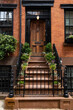 Door and Stairway lined with Plants to a Beautiful Old Brownstone Home in New York City