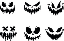 Scary And Funny Faces Of Halloween Pumpkin Or Ghost . Vector Collection.