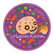Round emblem of Mexican kitchen with skull and tacos. Vector graphics.