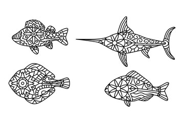 Coloring page for adult colouring book. Underwater world with stingray shoal, tropical fishes and ocean plants. Antistress freehand sketch drawing with doodle and zentangle elements.