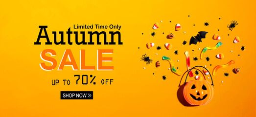 Wall Mural - Autumn sale banner with Halloween pumpkin and decorations