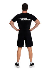 Sticker - Personal trainer on white background, back view. Gym instructor