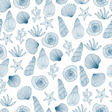 Seamless Sea Pattern With Shell, Starfish, Seashell, Coral, Algae, Seaweed. Ocean Vector Illustration.