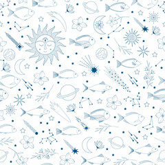  Mystical seamless pattern with moon, star, fish, flower, plant, sun, constellation. Vector fancy illustration.