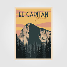 El Capitan In Yosemite Vintage Poster Illustration Design, Yosemite Travel Print National Park Design