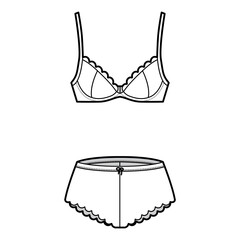 Wall Mural - Set of lingerie - bra underwire and french knickers pants technical fashion illustration with escalloped edge. Flat brassiere template front, white color style. Women, men, unisex underwear CAD mockup