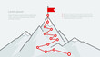 Route to the top and flag on the peak mountain - business success concept. Landscape with flag on the mountain. Goal achievement and victory. Route to success concept vector illustration