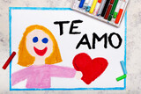 Fototapeta Młodzieżowe - Colorful drawing: A smiling woman holds a red heart in her hand. Declaration of love with inscription in Spanish language means I LOVE YOU