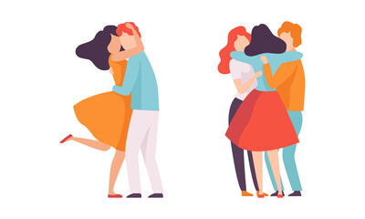 Sticker - People Characters Embracing Each Other Soothing and Supporting Vector Illustration Set