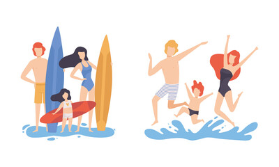 Canvas Print - Family at Beach Scene with Father, Mother and Kid Having Fun with Surfboard Splashing in Water Vector Set