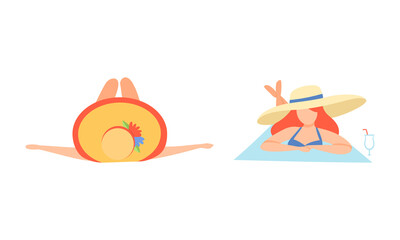 Sticker - Young Woman in Swimsuit and Wide Brimmed Hat at Sea Shore Sunbathing Vector Set