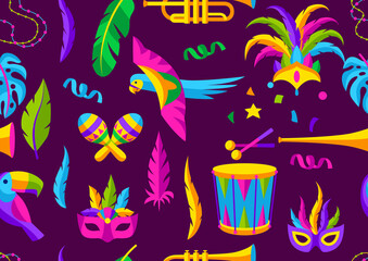 Wall Mural - Carnival party seamless pattern with celebration icons, objects and decor. Mardi Gras background for traditional holiday.