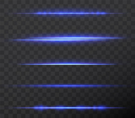 Wall Mural - collection of horizontal light dividers blue flares. horizontal dynamic light blue lines. neon laser on a checkered dark background. Collection effect light blue line png.