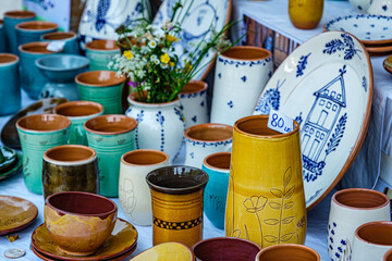 Traditional Romanian handmade ceramics market at the potters fair from Sibiu, Romania