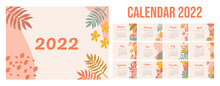 2022 Calendar Concept Design With Leaves And Flowers. Abstract Ilustration. Calendar Template.Set Of 12 Months 2022 Pages. Horizontal Page