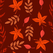 Seamless Pattern Autumn Colors Leaves Isolated On Red Brown. For Card, Textile, Fabric, Wallpaper, Paper Design