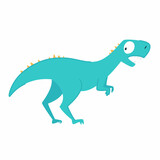 Fototapeta Dinusie - Funny cartoon cute blue dinosaur. The frightened dinosaur looks back. Funny blue dragon mascot. Isolated over white background.