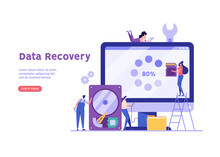 Repair Service Restore Files On Computer. Restoration Process. Data Recovery, Data Storage Backup, Hardware Disk Repair Service. Vector Illustration In Flat Cartoon Design