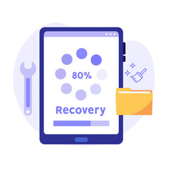 HDD repairing icon. Restoration process. Data recovery, data storage backup, hardware disk repair service. Vector illustration in flat cartoon design