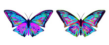 Colourful Abstract Neon Psychedelic Set Of Butterflies. Design Of Butterfly. Creativity And Art