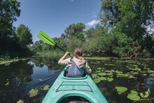 Kayak (canoe) Hike Across The Densely Thicket River, Along The Beautiful Views Of The River