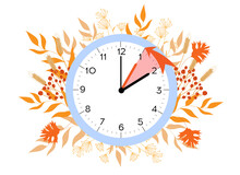 Daylight Saving Time Ends. Vector Illustration With A Clock Turning An Hour Back. Clocks In A Floral Frame Of Autumn Orange Foliage.