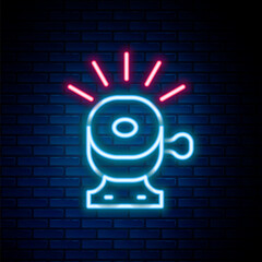 Wall Mural - Glowing neon line Bicycle bell icon isolated on brick wall background. Colorful outline concept. Vector