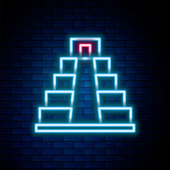 Poster - Glowing neon line Chichen Itza in Mayan icon isolated on brick wall background. Ancient Mayan pyramid. Famous monument of Mexico. Colorful outline concept. Vector