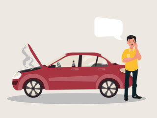 Breakdown of the car on the road. A man calls the service to help. Vector illustration.