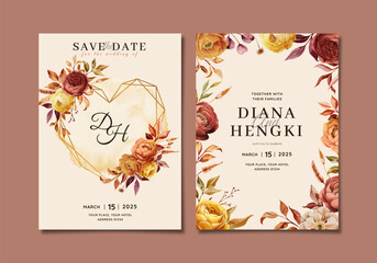 Set of card with autumn floral, leaves. Wedding ornament concept. Floral poster, invite. Vector decorative greeting card or invitation design background