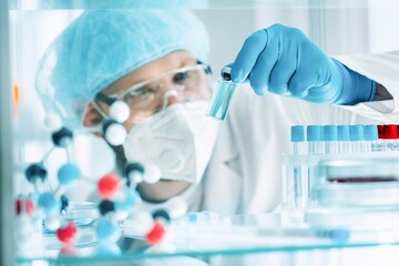 Poster - A scientist in the COVID-19 medical vaccine research and development laboratory holds a syringe with a liquid vaccine to study and analyze antibody