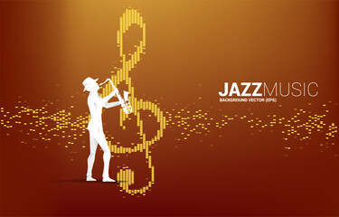 Wall Mural - Vector silhouette of the saxophonist with music note icon Sound wave Equalizer background. Concept background for jazz song and concert theme.