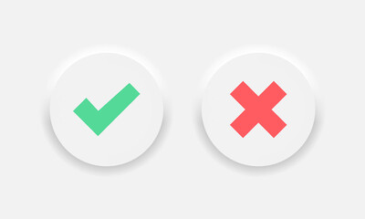 Check mark vector icons. Accept aprove and reject icons. Neumorphic soft effect white circle button. Check tick cross mark symbol. Vector EPS 10