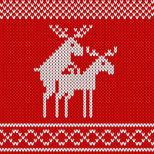 Knitted Red Christmas Background. Ugly Christmas Sweater Deer In Love. Seamless Pattern. Texture For Fabric, Wrapping, Wallpaper. Decorative Print.