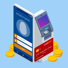 Isometric Online Mobile Banking And Internet Banking. Mobile Banking Application On A Screen