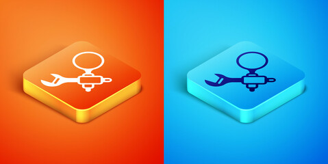 Isometric Debugging icon isolated on orange and blue background. Debugging tool. Magnifying glass on bug programming. Testing and setting software. Vector